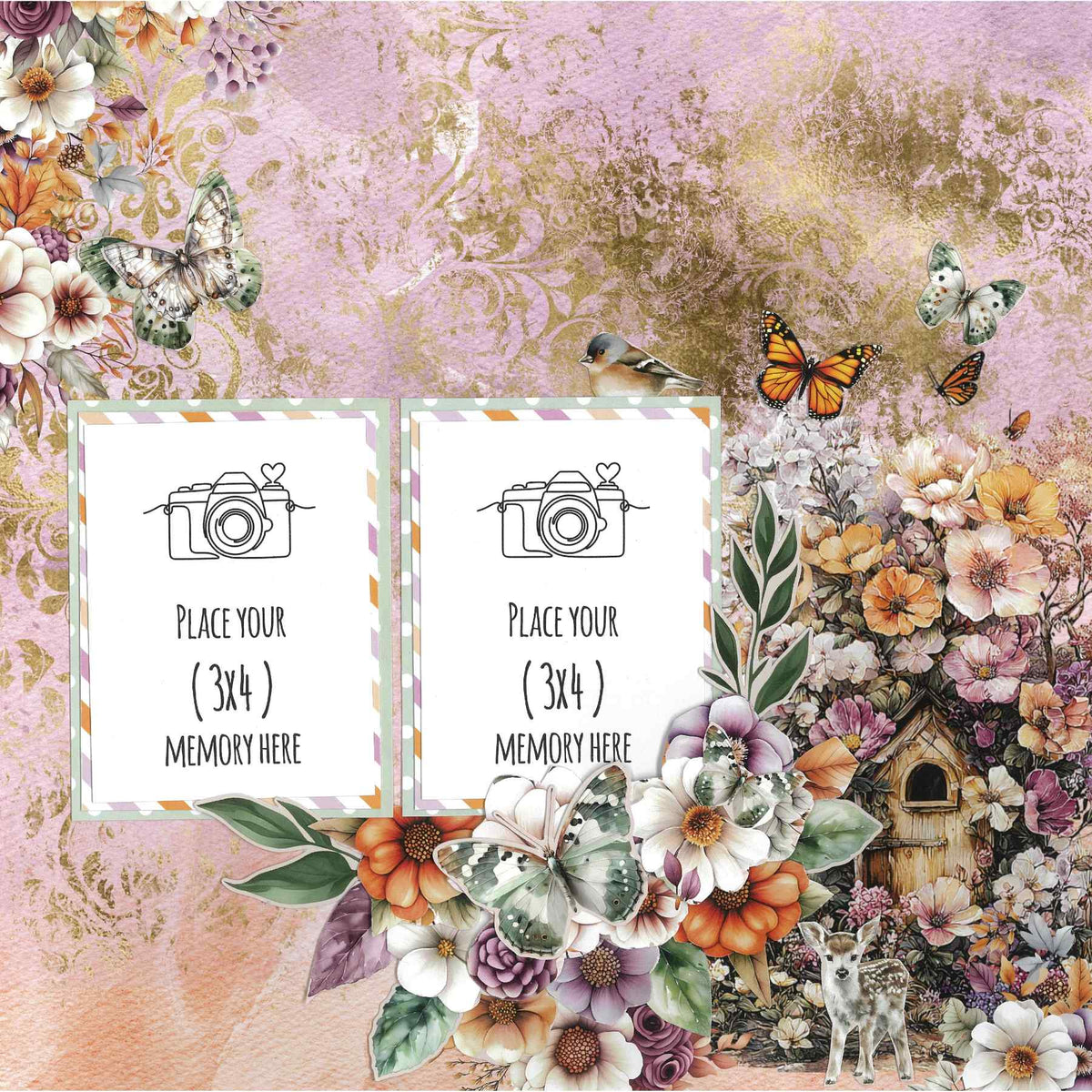 Sample scrapbook layout with two 3x4 photo placeholders on the left and butterflies, flowers, a small birdhouse and a deer on the right