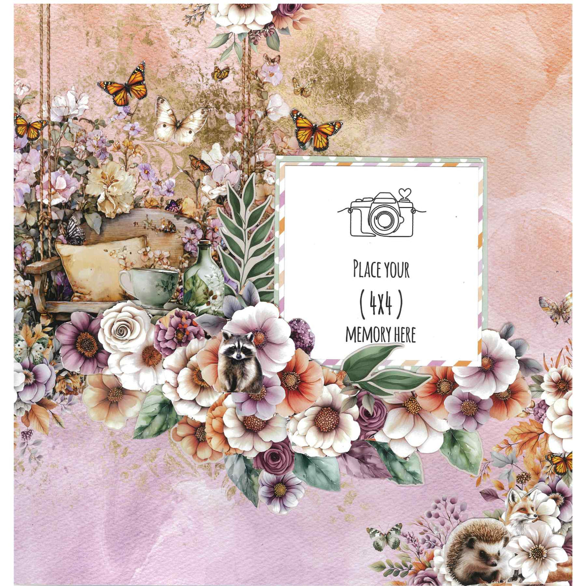 Sample scrapbook layout with a 4x4 photo placeholder on the right, a flower-covered swing on the left, and butterflies above