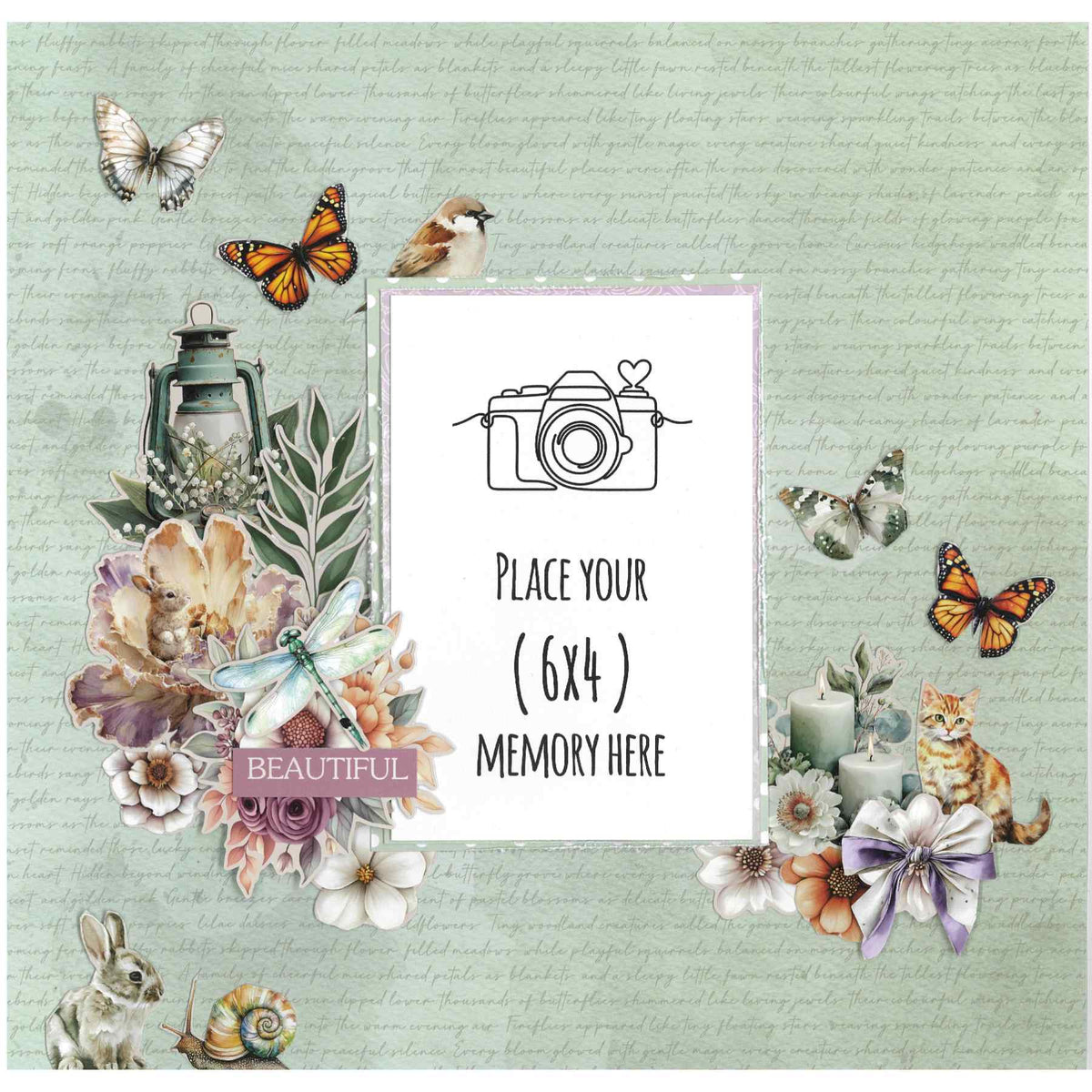 Sample scrapbook layout on a pale green handwritten background with a central 6x4 photo placeholder, butterflies, lantern, flowers, rabbit and ginger cat made using the Butterfly Grove collection by 3Quarter Designs