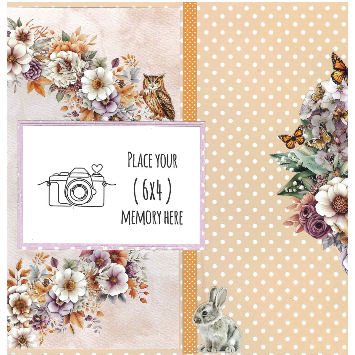 Sample scrapbook layout with a 6x4 photo placeholder on the left, an owl above it, and a rabbit beneath the orange polka-dot panel
