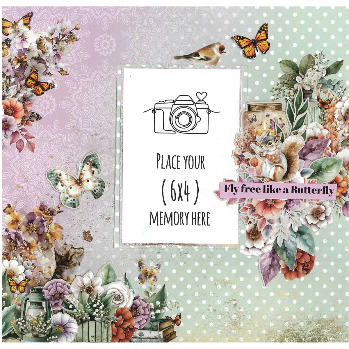 Sample scrapbook layout with a central 6x4 photo placeholder, butterflies and flowers, and a squirrel beside a “Fly free like a Butterfly” banner, made from the Butterfly Grove Collection by 3Quarter Designs. 