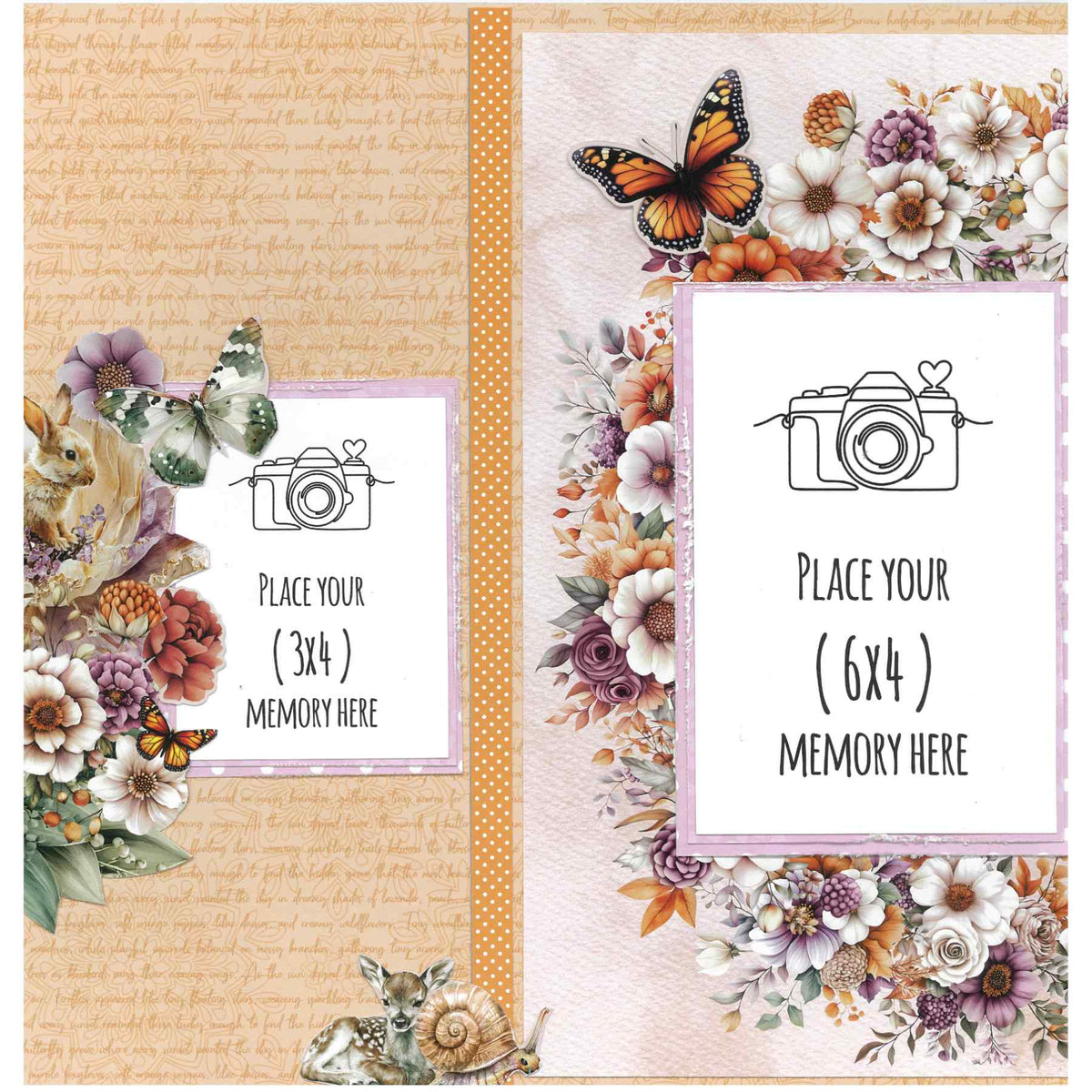 Sample scrapbook layout with 3x4 and 6x4 photo placeholders framed by flowers and butterflies, with a deer and snail near the bottom