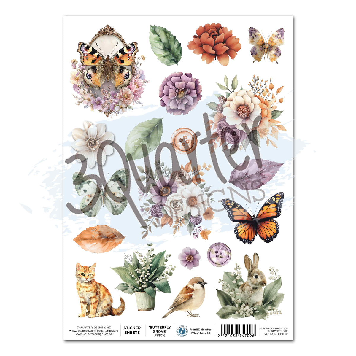 3Quarter Designs Butterfly Grove A4 sticker sheet with butterflies, flowers, leaves, a ginger cat, bird and rabbit