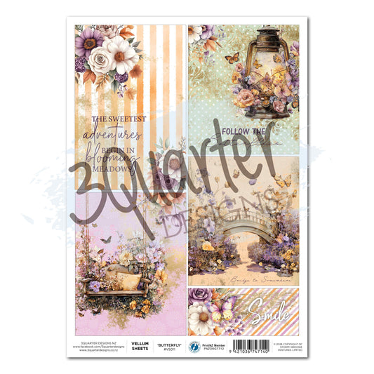 3Quarter Designs Butterfly Grove A4 vellum sheet with floral and butterfly panels, a lantern, garden bench, bridge and printed sentiments