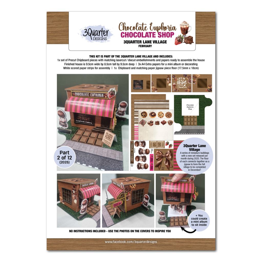 Front cover of the Chocolate Euphoria kit showing the finished miniature chocolate shop and included materials