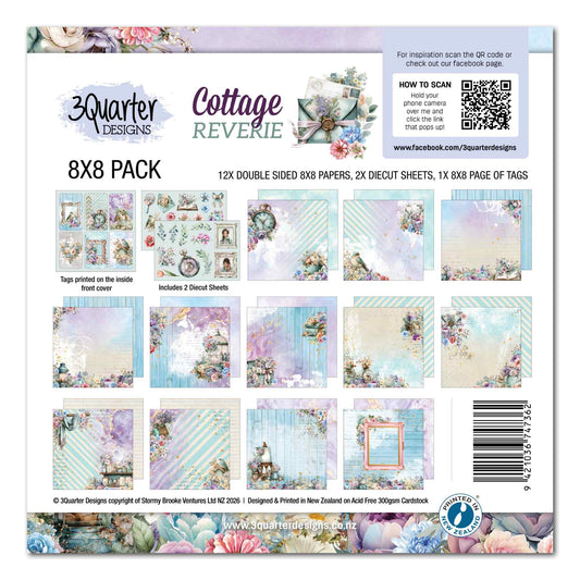 Cottage Reverie 8x8 Paper Pack cover showing pastel floral papers, two die-cut sheets and coordinating tags.