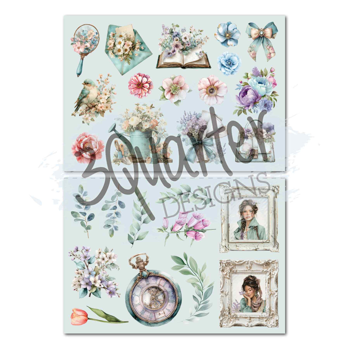 Cottage Reverie die-cut sheets with flowers, foliage, a bird, vintage portraits, a pocket watch and garden details.