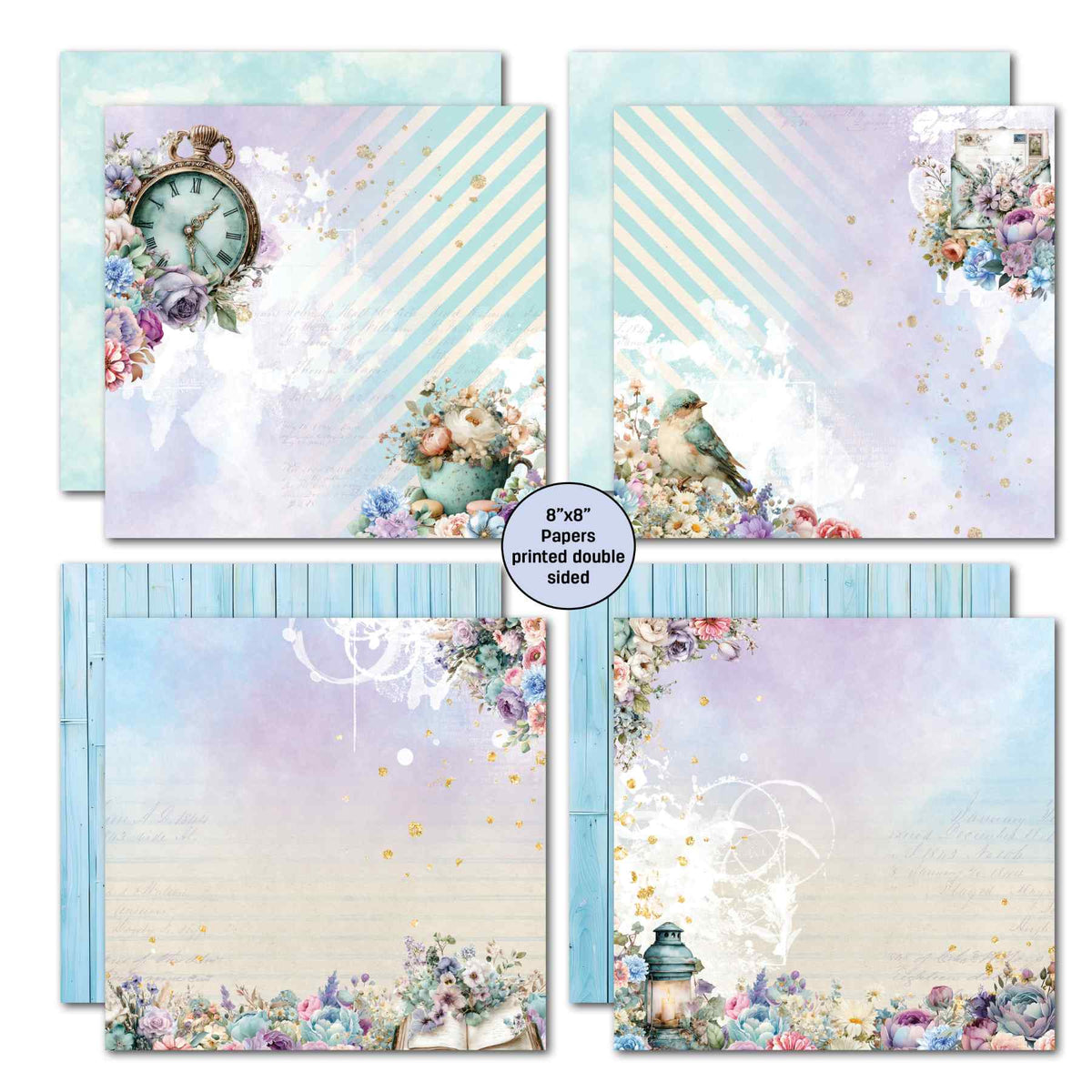 Cottage Reverie double-sided papers with pastel flowers, a pocket watch, a bird, an open book and a lantern.