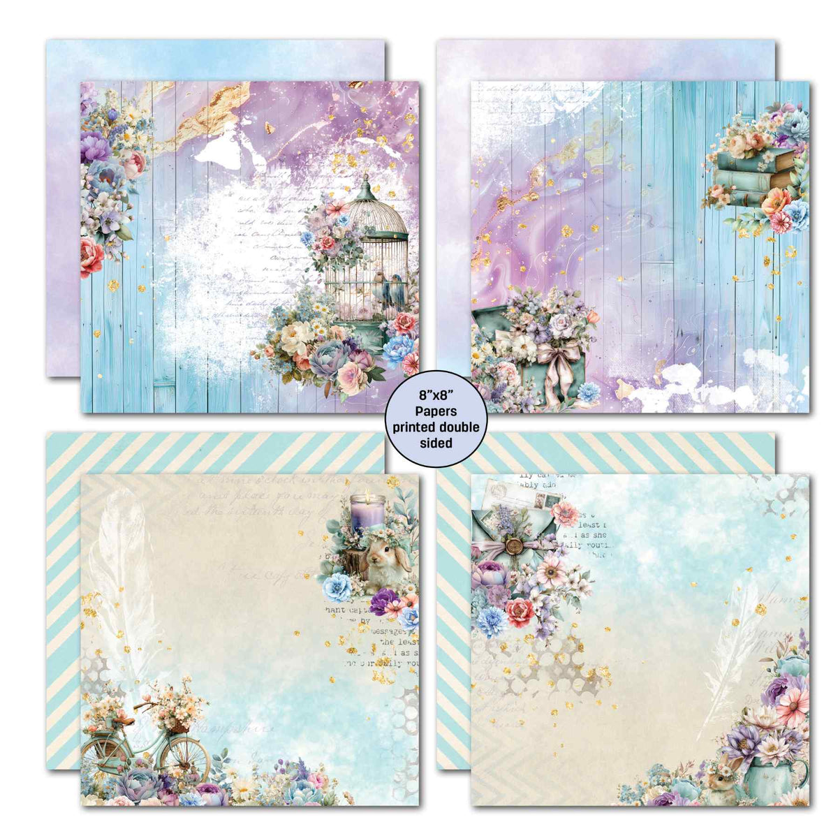 Cottage Reverie papers with a floral birdcage, books, a bicycle, a rabbit and aqua striped and woodgrain backgrounds.