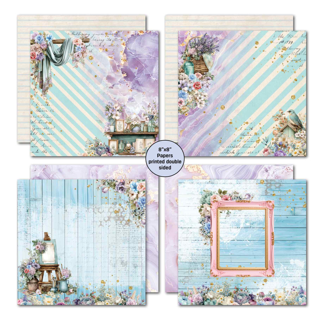 Cottage Reverie papers with aqua stripes, lavender marbling, flowers, an artist's easel and an ornate pink frame.