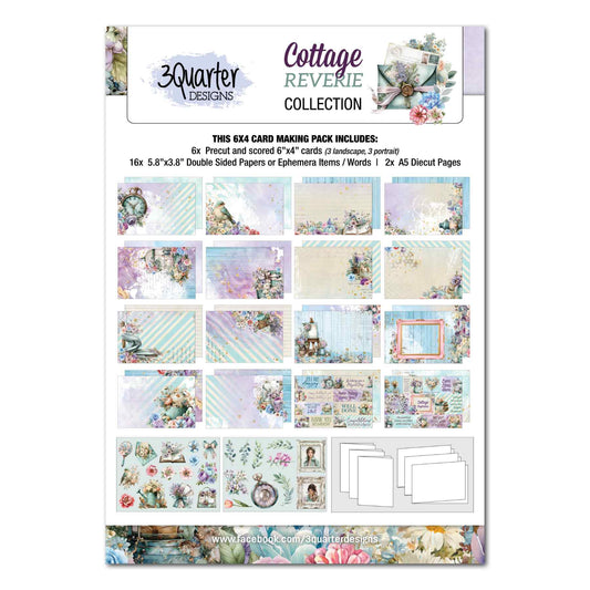 Cottage Reverie 6x4 Card Making Kit cover showing card bases, pastel papers, sentiments and two die-cut sheets.