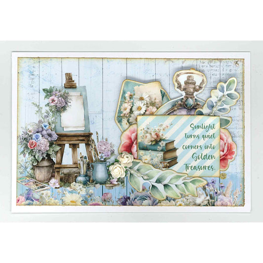 Cottage Reverie sample card with an artist's easel, pastel flowers, pocket watch and a garden-inspired sentiment.
