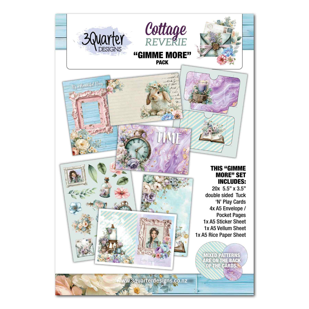 Cottage Reverie Gimme More pack with pastel floral cards, envelope and pocket sheets, stickers, vellum and rice paper.
