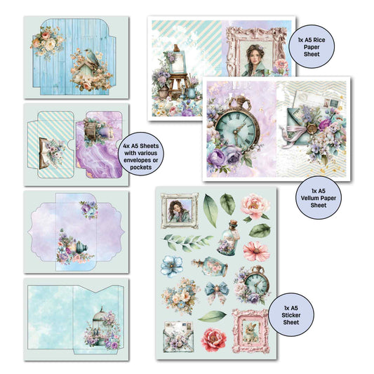 Cottage Reverie extras showing four A5 envelope and pocket sheets, an A5 sticker sheet, vellum and rice paper.