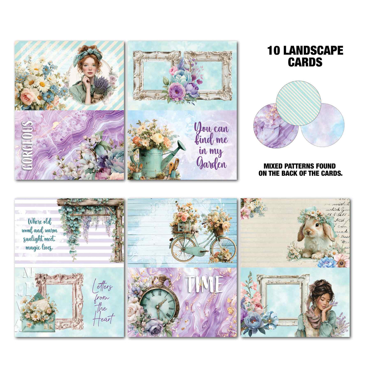 Ten Cottage Reverie landscape cards with pastel flowers, vintage frames, a bicycle, a rabbit and a pocket watch.