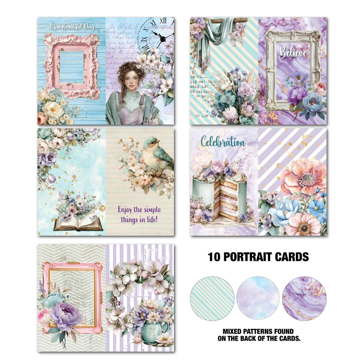 Ten Cottage Reverie portrait cards featuring flowers, birds, vintage frames, a celebration cake and soft pastel patterns.