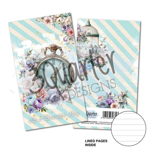 3Quarter Designs Cottage Reverie mini notebook with pastel striped floral covers, a pocket watch, birdcage and lined pages.