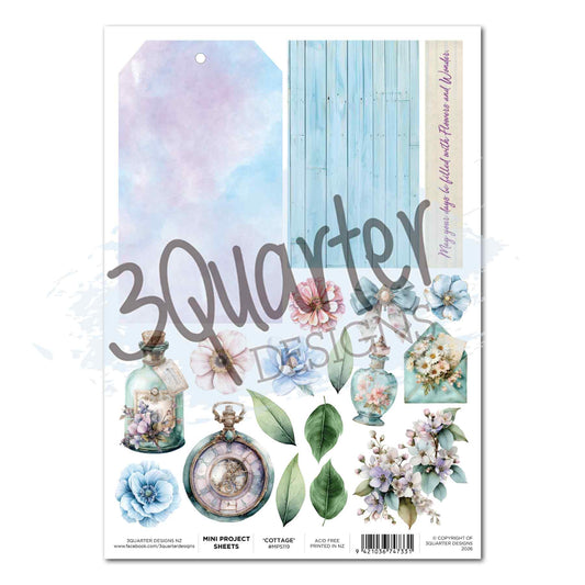 Cottage Reverie Mini Project Sheet with a pastel tag, aqua woodgrain panel, flowers, leaves, vintage bottles and pocket watch.