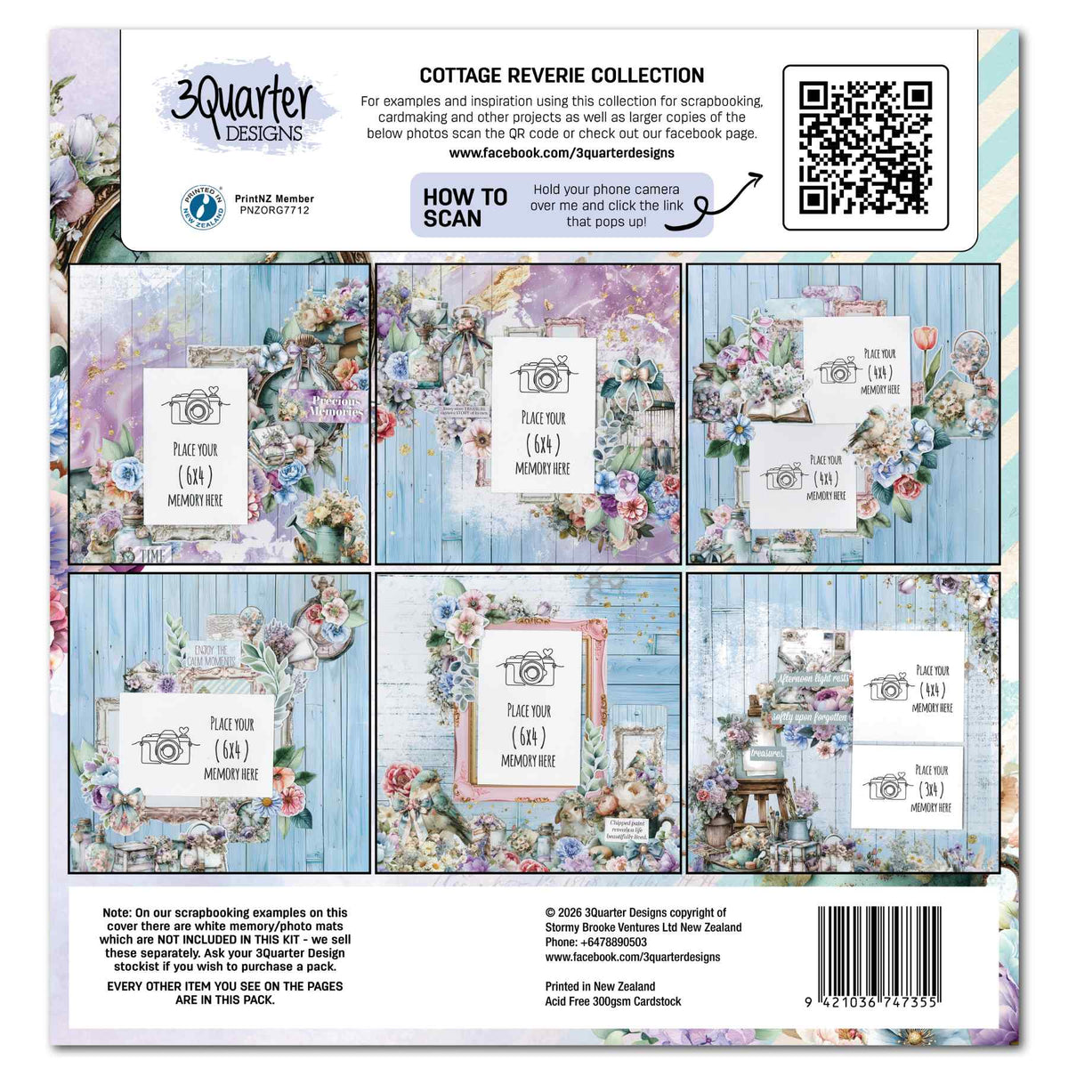 Cottage Reverie scrapbook kit back cover showing six layout ideas with floral clusters and white photo placeholders.