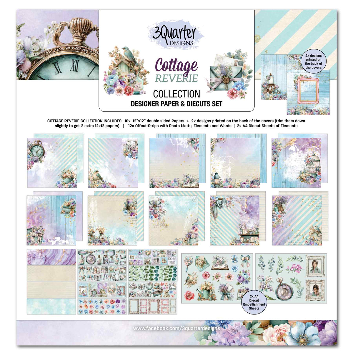 Cottage Reverie 12x12 Scrapbook Collection Kit cover showing pastel papers, cut-apart strips and two A4 die-cut sheets.