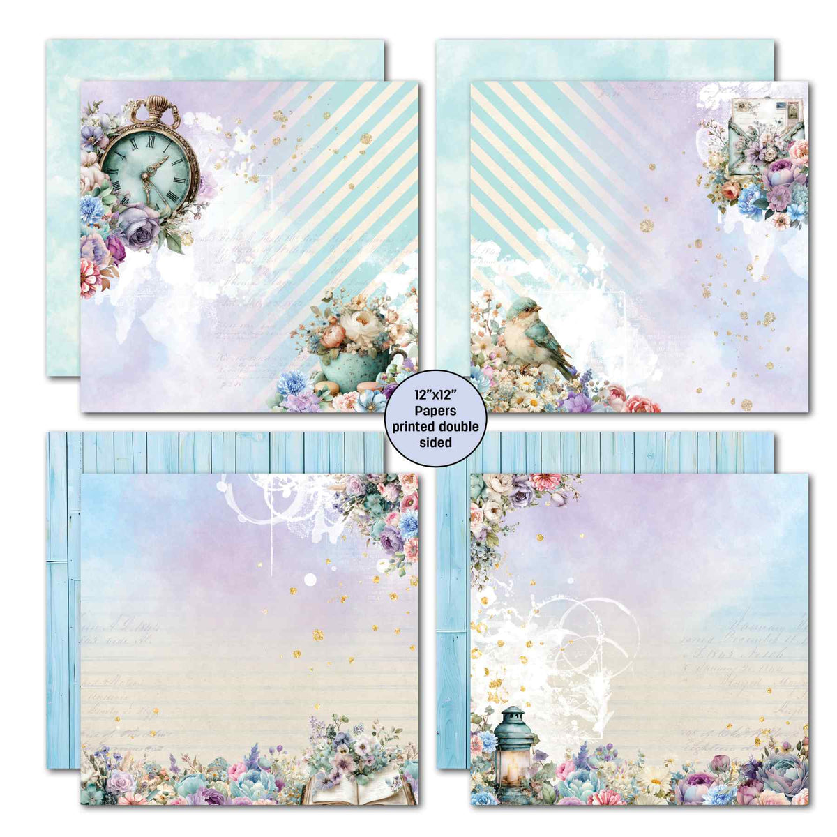 Cottage Reverie double-sided papers with pastel flowers, a pocket watch, bird, open book and lantern.
