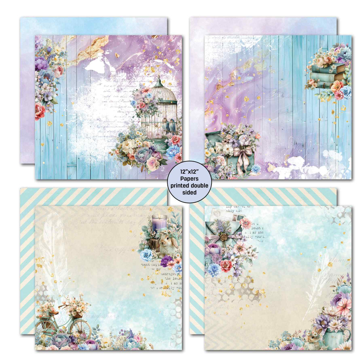 Cottage Reverie scrapbook papers with a floral birdcage, books, bicycle and rabbit in aqua and lavender tones.