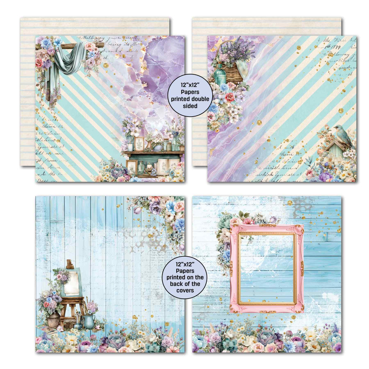 Cottage Reverie striped papers and cover designs featuring an artist's easel and an ornate pink frame.