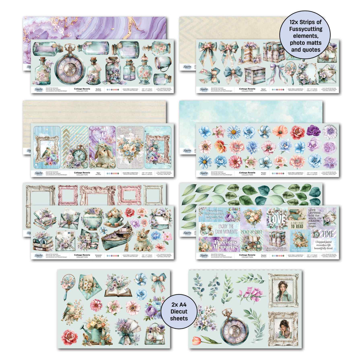 Cottage Reverie cut-apart strips and two A4 die-cut sheets featuring flowers, foliage, frames and vintage details.