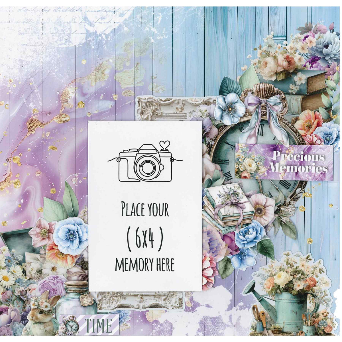 Cottage Reverie sample layout with aqua woodgrain, lavender marbling, a pocket watch and a portrait photo placeholder.
