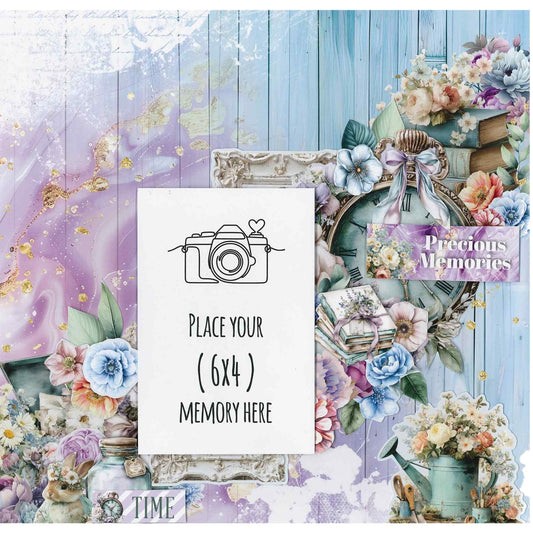 Cottage Reverie sample layout with aqua woodgrain, lavender marbling, a pocket watch and a portrait photo placeholder.