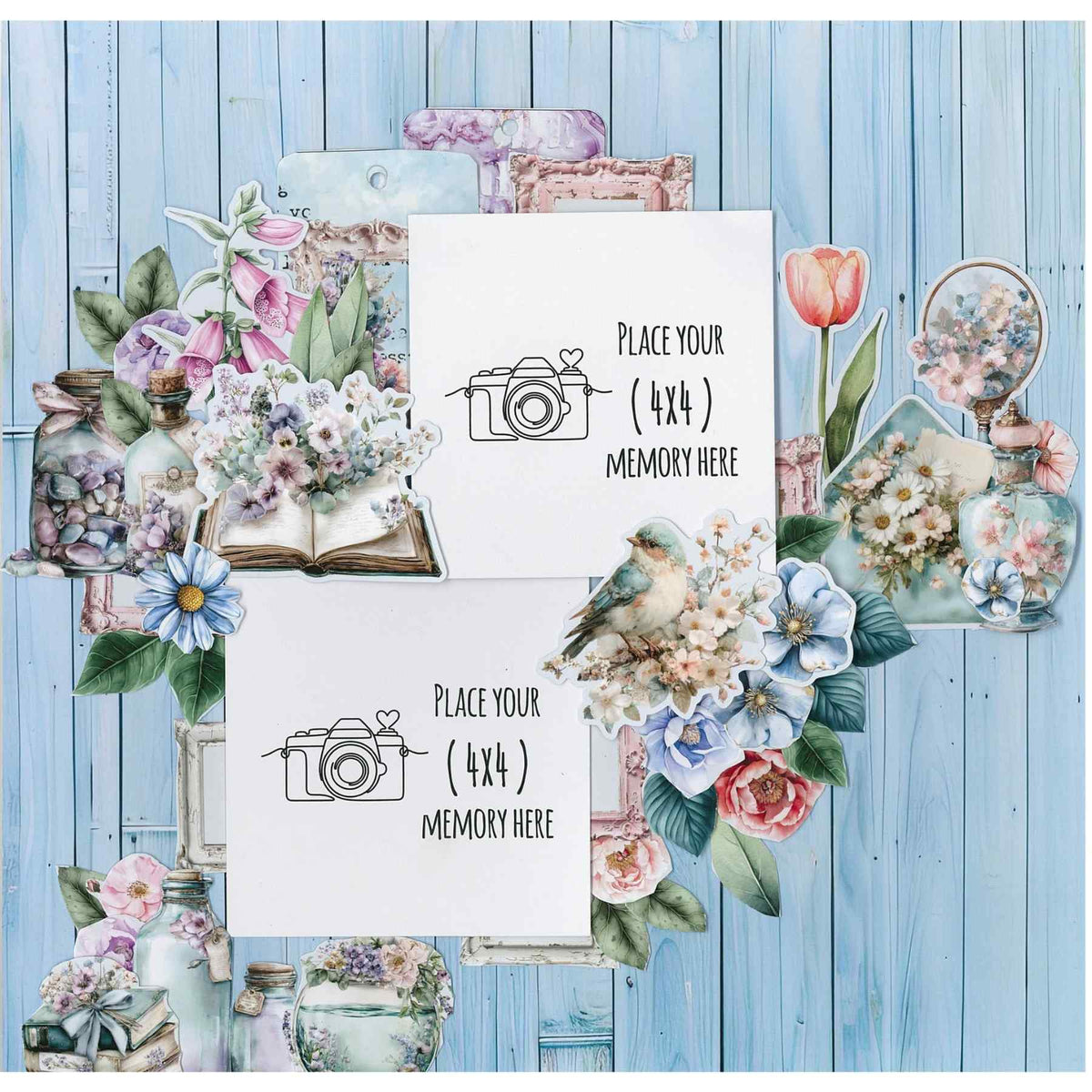 Cottage Reverie sample layout with two square photo placeholders surrounded by flowers, a bird and vintage bottles.