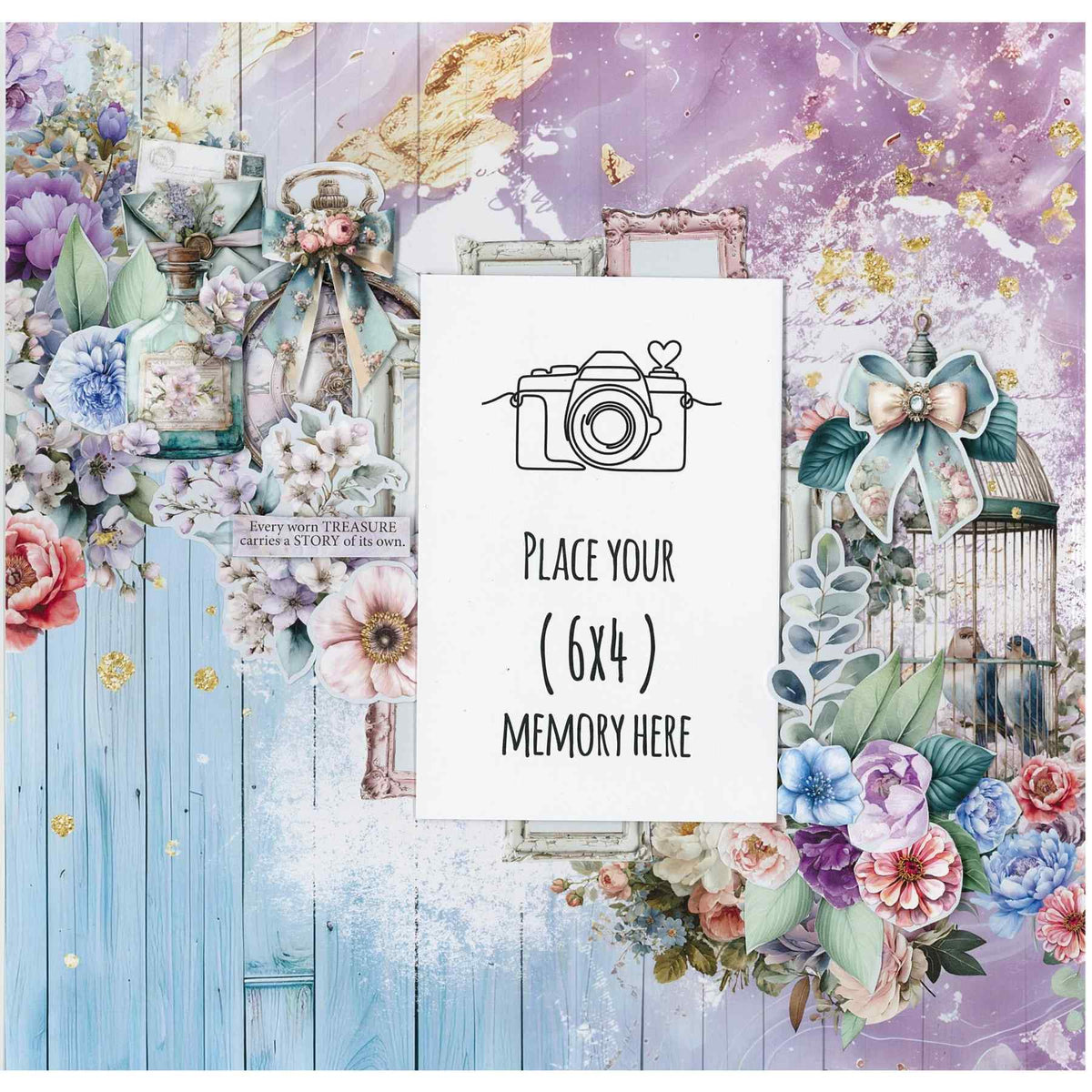 Cottage Reverie sample layout with a floral birdcage, vintage bottles and a portrait photo placeholder on pastel boards.