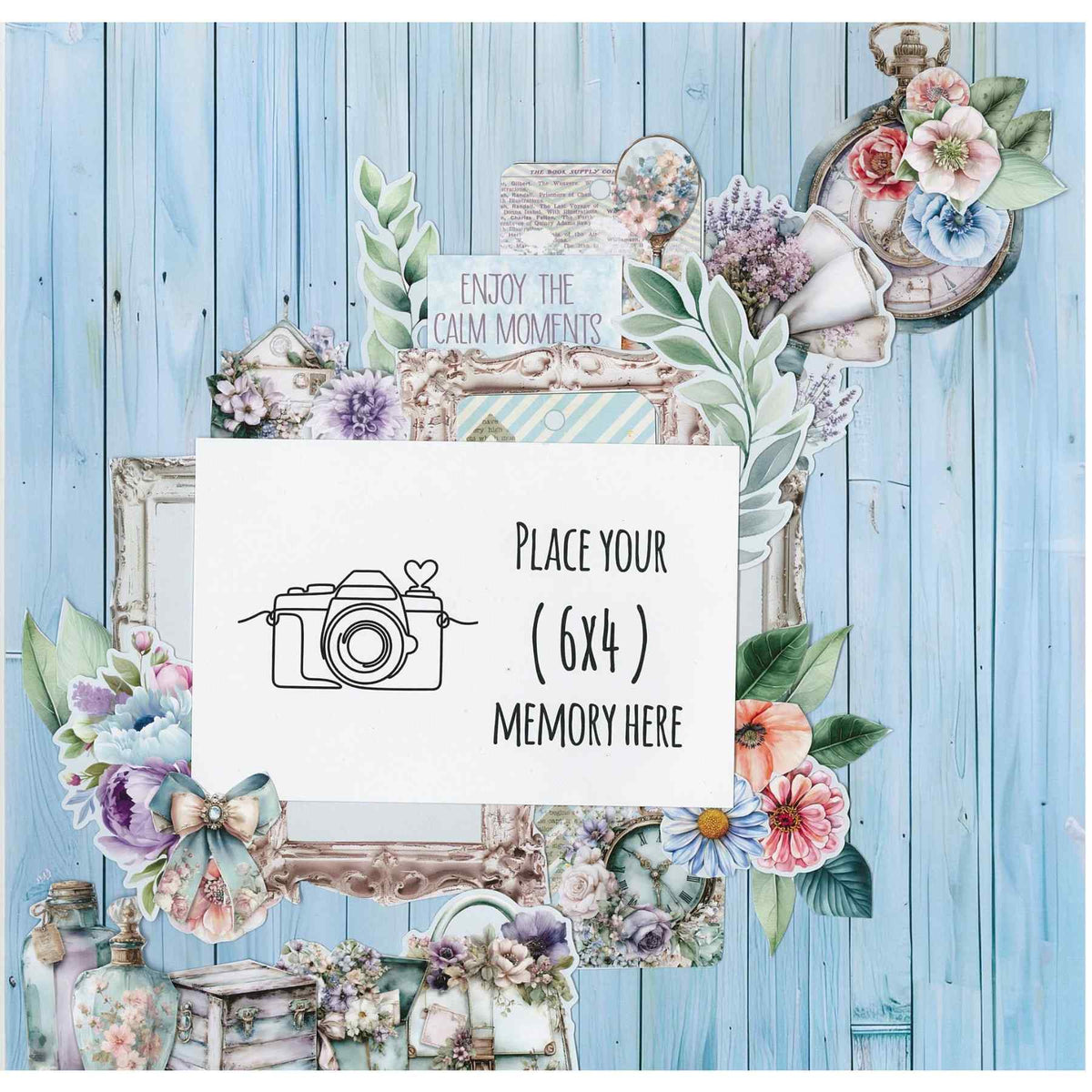 Cottage Reverie sample layout with a landscape photo placeholder, vintage frames, flowers and Enjoy the Calm Moments words.