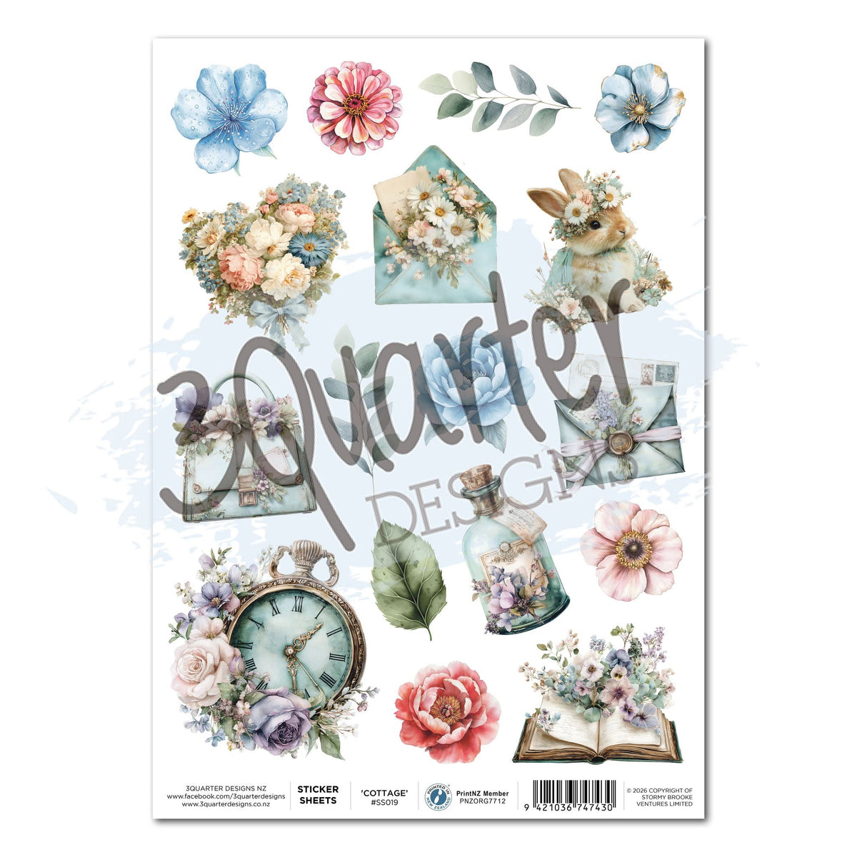 3Quarter Designs Cottage Reverie A4 sticker sheet with pastel flowers, a rabbit, pocket watch, envelopes, bag and floral book.