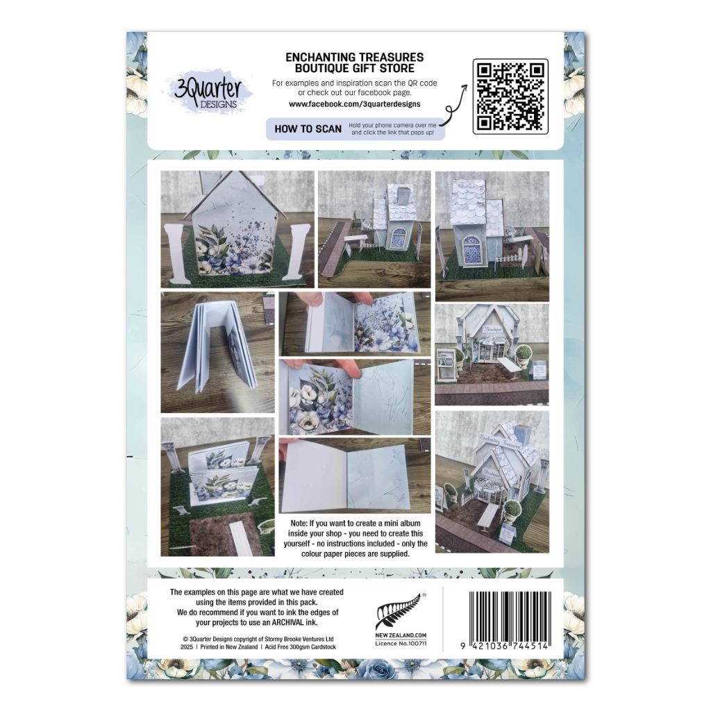 Back cover of the 3Quarter Lane Enchanting Treasures Boutique Gift Shop kit showing multiple assembly angles, kit contents, and inspiration for creating a mini album to sit inside the shop