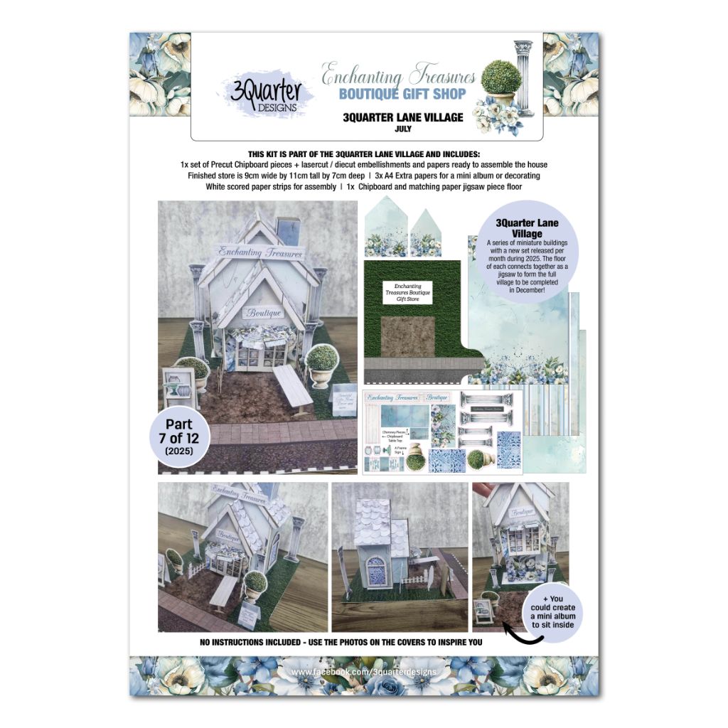 Front cover of the 3Quarter Lane Enchanting Treasures Boutique Gift Shop kit showing the assembled miniature white boutique with columns, arched windows, topiary balls, and grand entrance staircase
