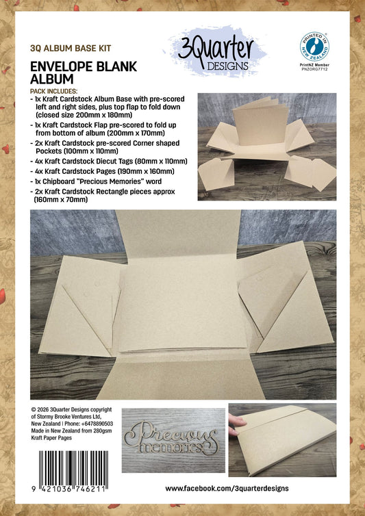 3Quarter Designs Envelope Album Base Kit — back cover showing pre-scored kraft cardstock components including album base, corner pockets, diecut tags, inner pages, rectangle pieces, and chipboard "Precious Memories" word, with photos of the album open and closed