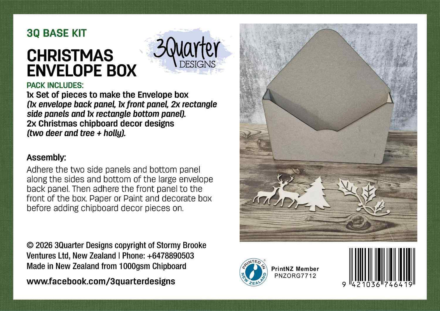 3Quarter Designs Christmas Envelope Box packaging showing product label with contents and assembly instructions