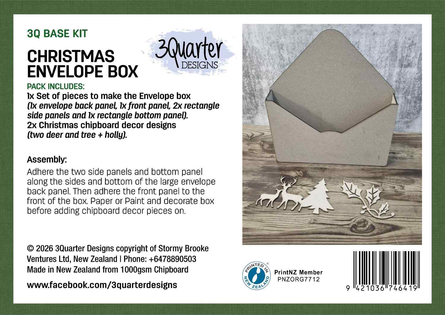 3Quarter Designs Christmas Envelope Box packaging showing product label with contents and assembly instructions