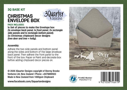 3Quarter Designs Christmas Envelope Box packaging showing product label with contents and assembly instructions