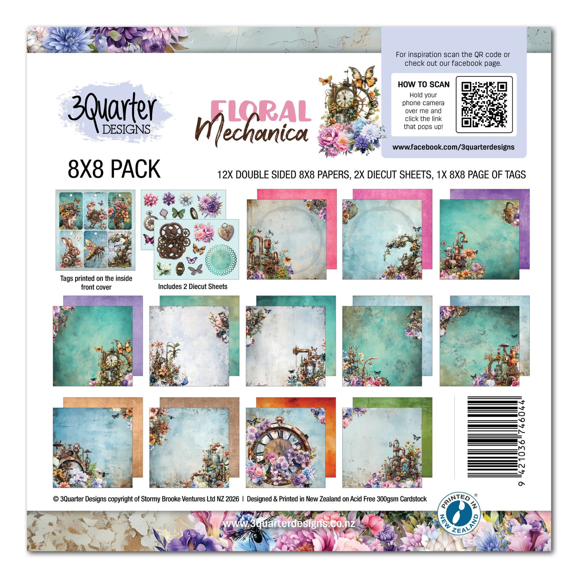 Floral Mechanica 8x8 Paper Pack by 3Quarter Designs — cover showing pack contents including 12 double-sided papers, 2 die-cut sheets, and tags page in teal and turquoise steampunk floral designs
