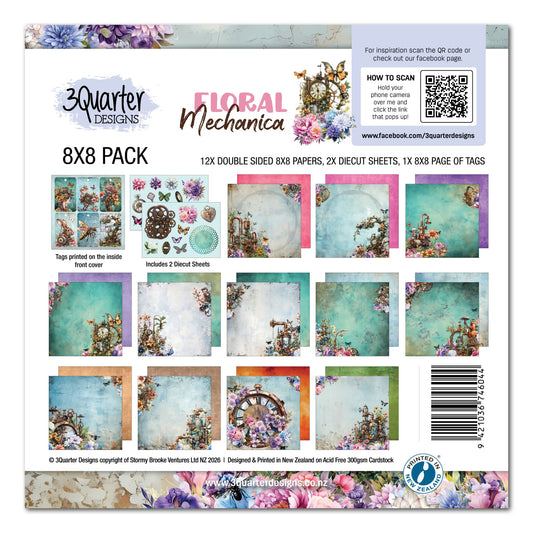 Floral Mechanica 8x8 Paper Pack by 3Quarter Designs — cover showing pack contents including 12 double-sided papers, 2 die-cut sheets, and tags page in teal and turquoise steampunk floral designs
