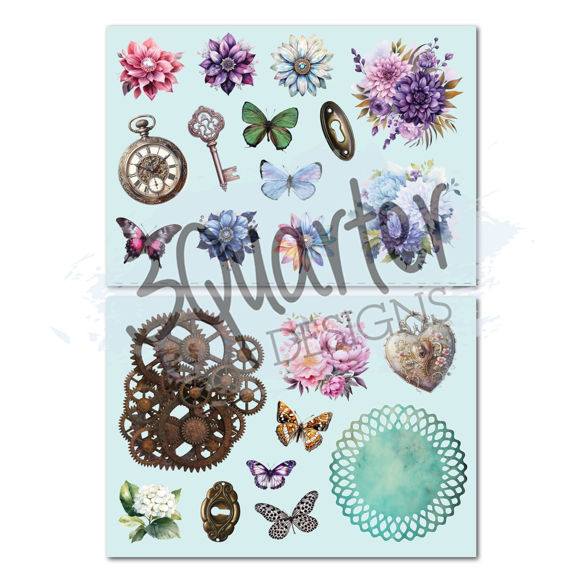 Floral Mechanica die-cut embellishment sheets by 3Quarter Designs — two sheets featuring florals, butterflies, pocket watch, ornate key, keyhole, heart padlock, steampunk gears, and teal doily on pale blue backgrounds