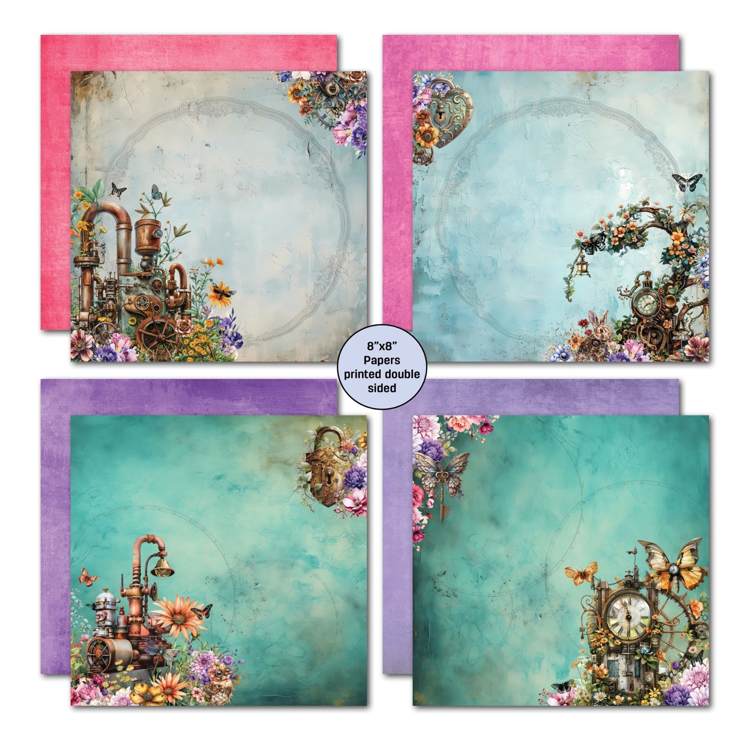 Floral Mechanica double-sided 8x8 papers by 3Quarter Designs — teal distressed backgrounds with steampunk pipes, heart padlock, floral clock arch, and mechanical details in pink and purple colourways