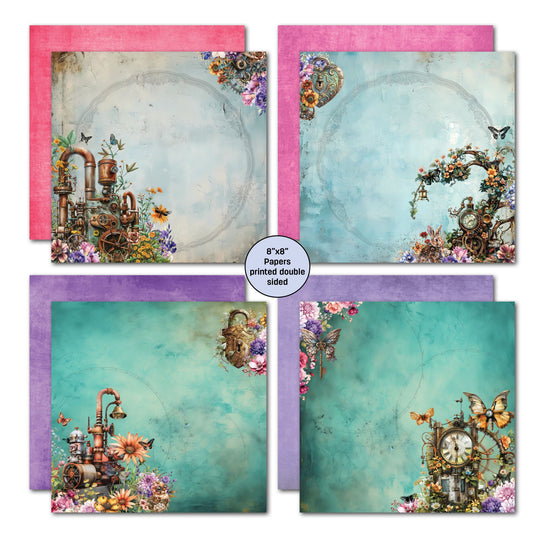 Floral Mechanica double-sided 8x8 papers by 3Quarter Designs — teal distressed backgrounds with steampunk pipes, heart padlock, floral clock arch, and mechanical details in pink and purple colourways