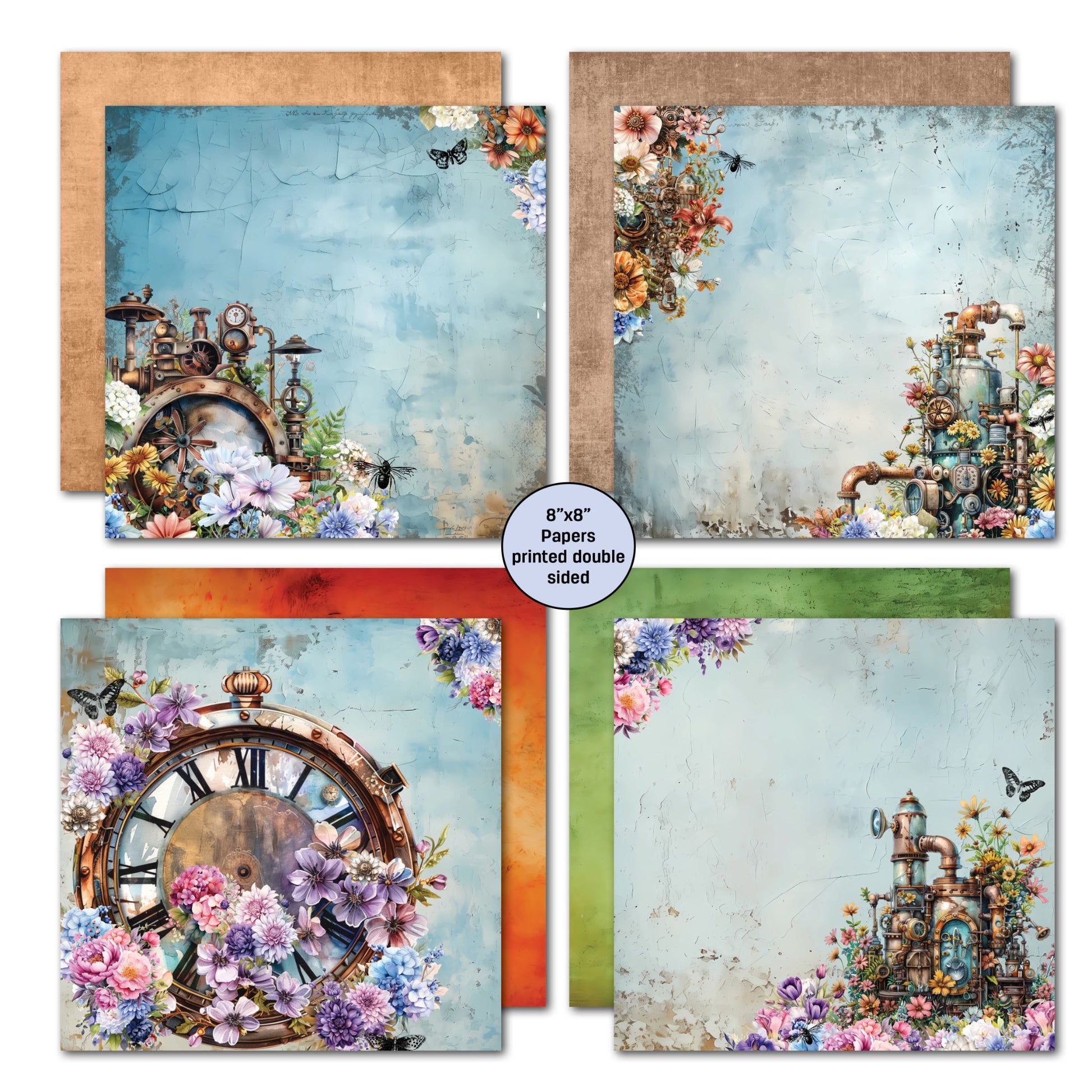 Floral Mechanica double-sided 8x8 papers by 3Quarter Designs — crackled blue distressed backgrounds with steampunk boiler, pipes, large vintage clock face, and floral details in orange and green colourways