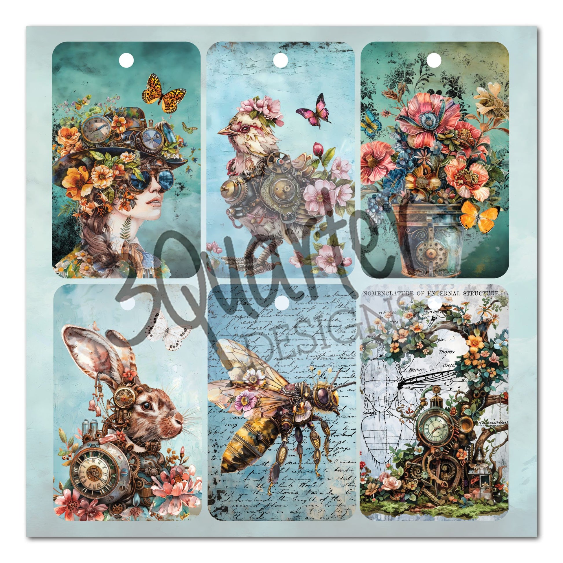 Floral Mechanica tags page by 3Quarter Designs — six steampunk floral tags featuring a steampunk lady, mechanical bird, floral vase, steampunk rabbit, mechanical bee, and botanical diagram on teal backgrounds 