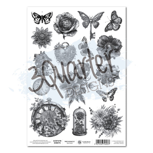 Floral Mechanica Acetate Sheet A4 by 3Quarter Designs — greyscale steampunk elements including mechanical rose, butterflies, dragonfly, ornate key, heart padlock, pocket watch, large floral clock, rose bell jar, and dahlia bouquet
