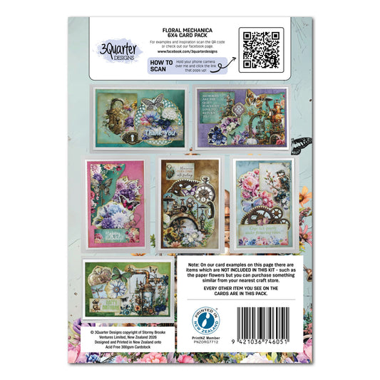 Floral Mechanica 6x4 Card Making Kit by 3Quarter Designs — back cover showing six sample card layouts including Thank You, Happy Birthday, and steampunk floral designs with sentiments and layered embellishments