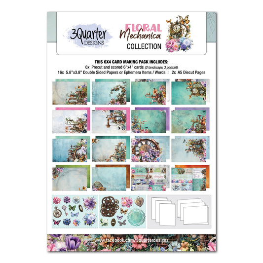 Floral Mechanica 6x4 Card Making Kit by 3Quarter Designs — front cover showing papers with steampunk floral designs in teal, turquoise, pink, and purple with gears, clocks, butterflies, and layered florals